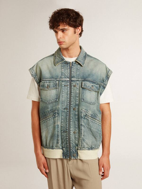 Golden Goose - Men's washed denim jacket with wool blend ribbing in 