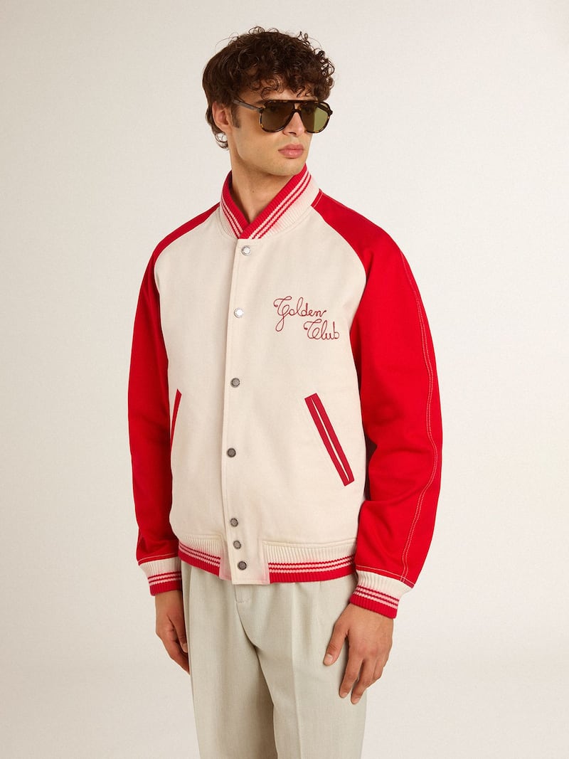 Golden Goose - Chaqueta bomber de color blanco envejecido y rojo con bordado in 