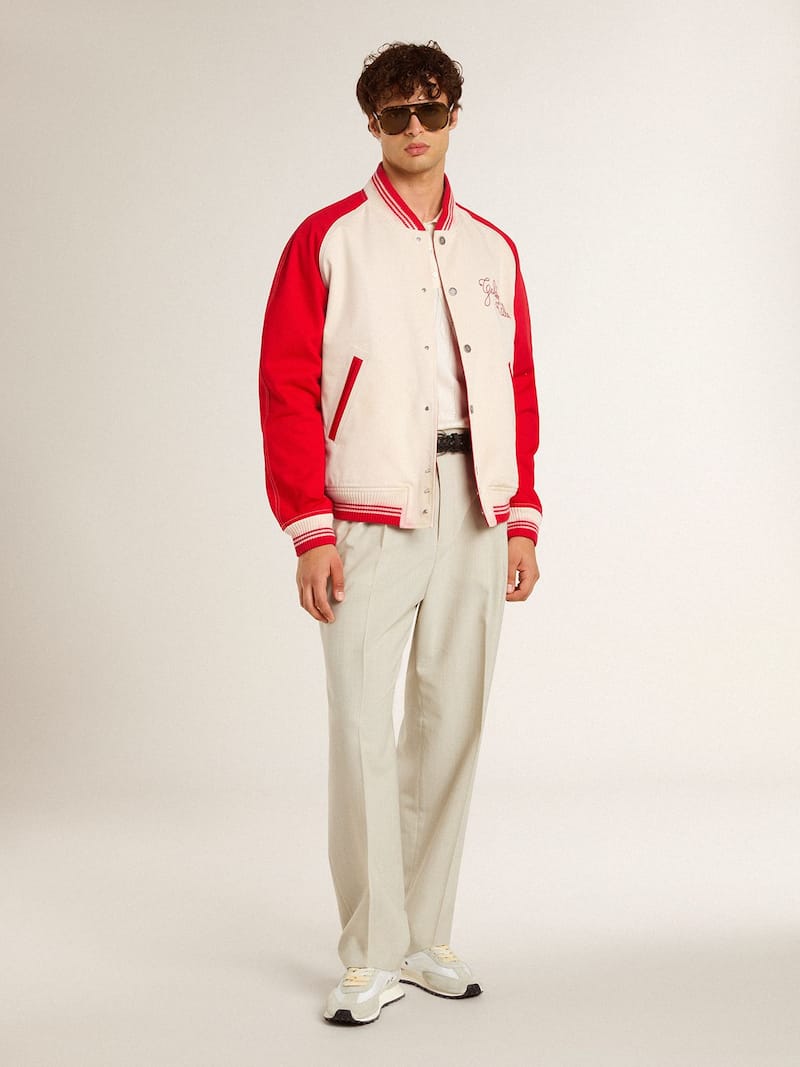 Golden Goose - Chaqueta bomber de color blanco envejecido y rojo con bordado in 