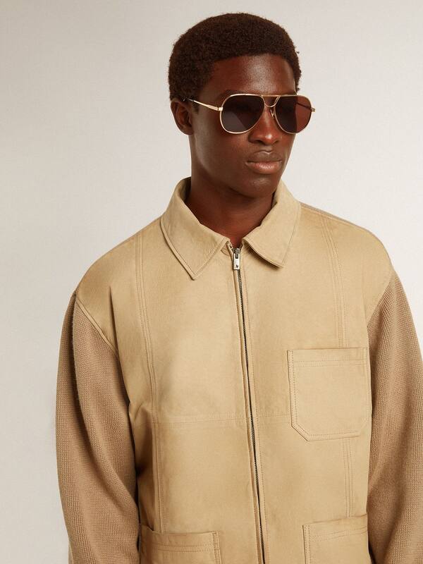 Golden Goose - Men's jacket in travertine-colored nubuck leather with wool-blend sleeves and back in 