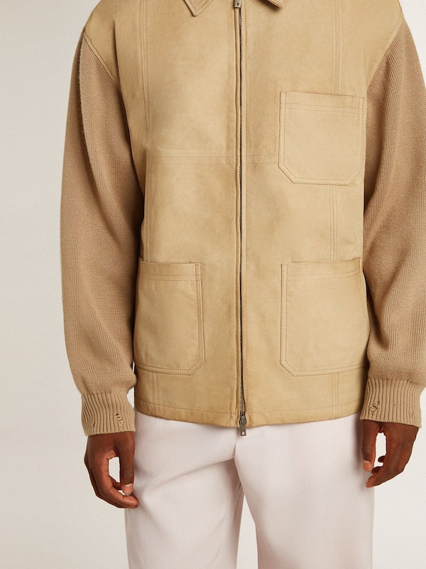 Golden Goose - Men's jacket in travertine-colored nubuck leather with wool-blend sleeves and back in 