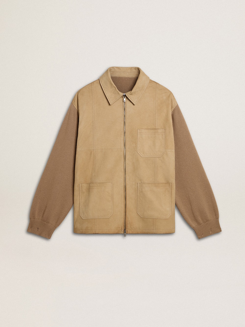 Veste pour homme en cuir nubuck couleur travertin avec manches et dos en laine mélangée — Golden Goose