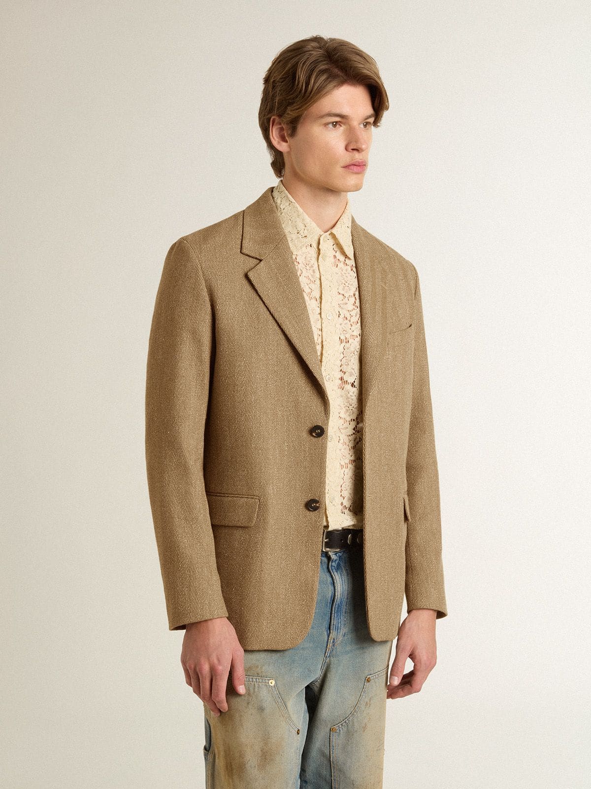 Golden Goose - Blazer de cierre recto de hombre en mezcla de lino chevron color arena in 