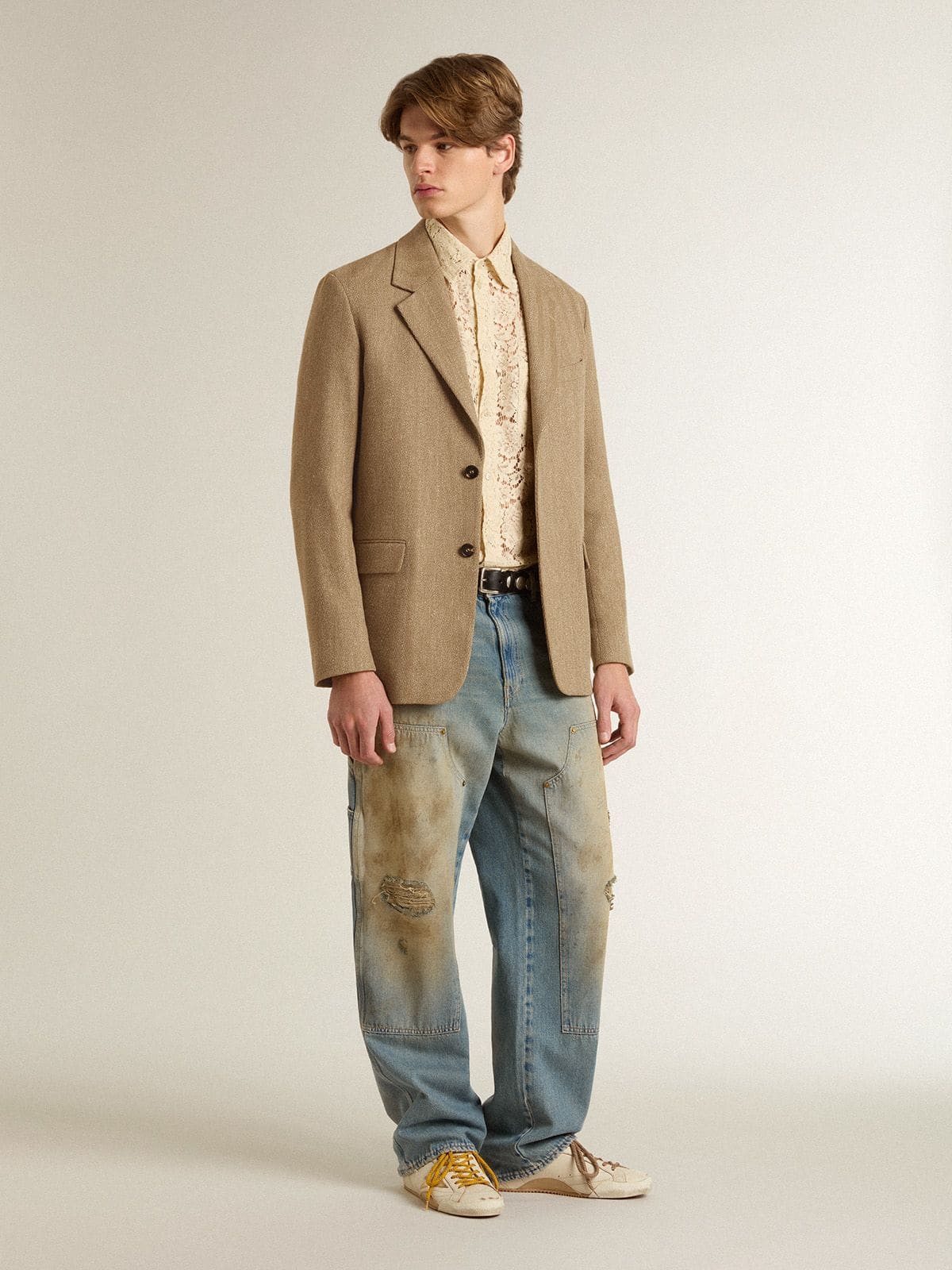 Golden Goose - Blazer de cierre recto de hombre en mezcla de lino chevron color arena in 