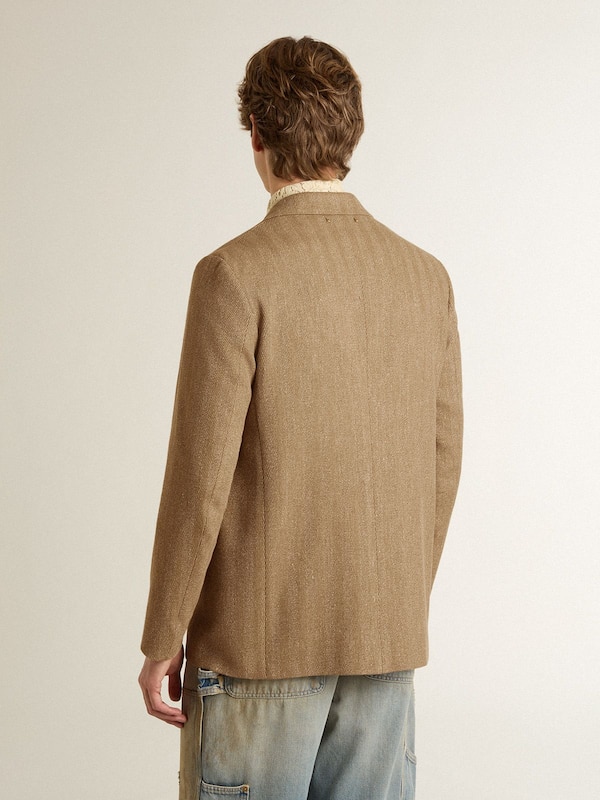 Golden Goose - Men's single-breasted blazer in a sand-colored chevron linen blend. in 