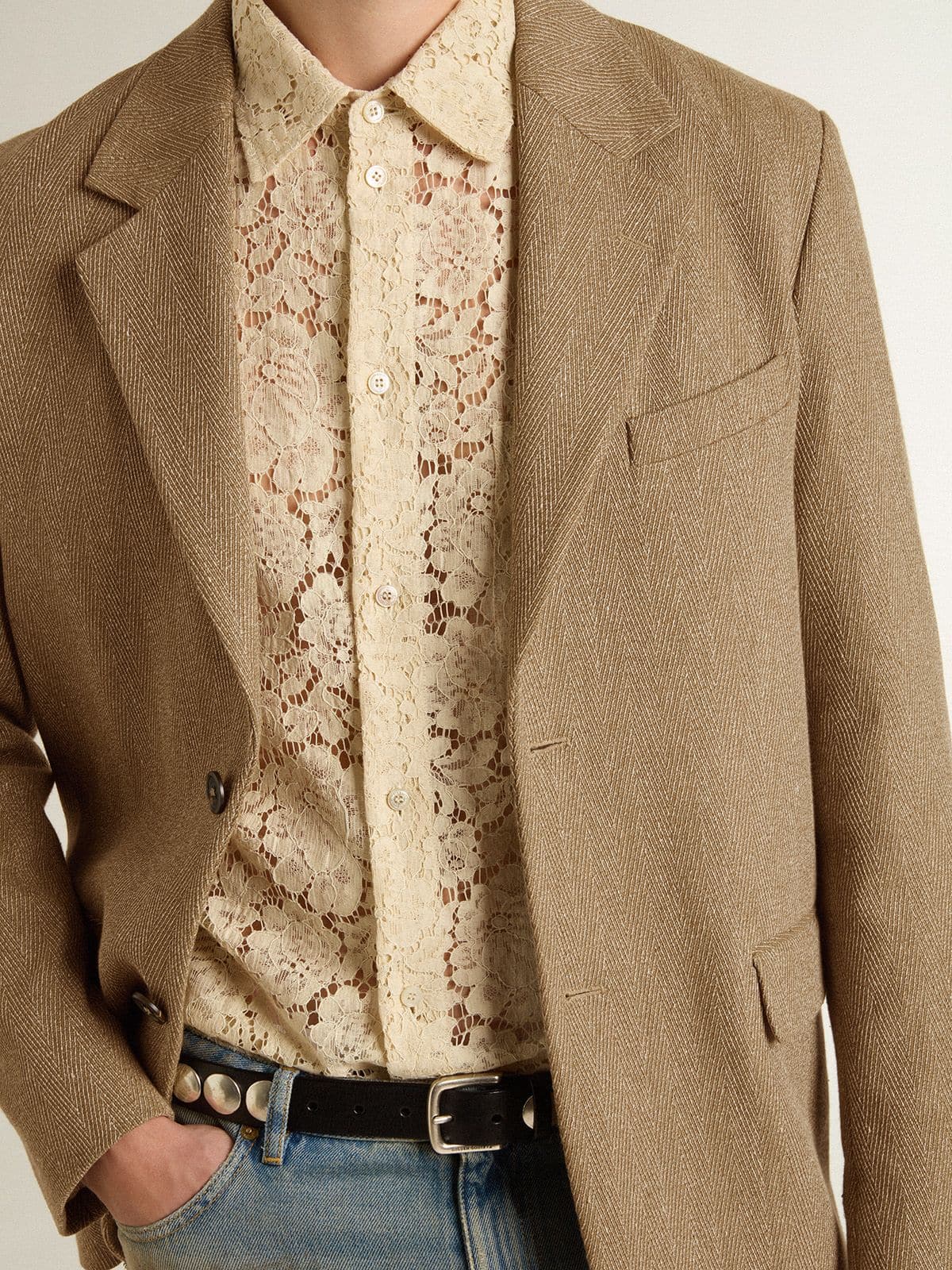 Golden Goose - Blazer de cierre recto de hombre en mezcla de lino chevron color arena in 
