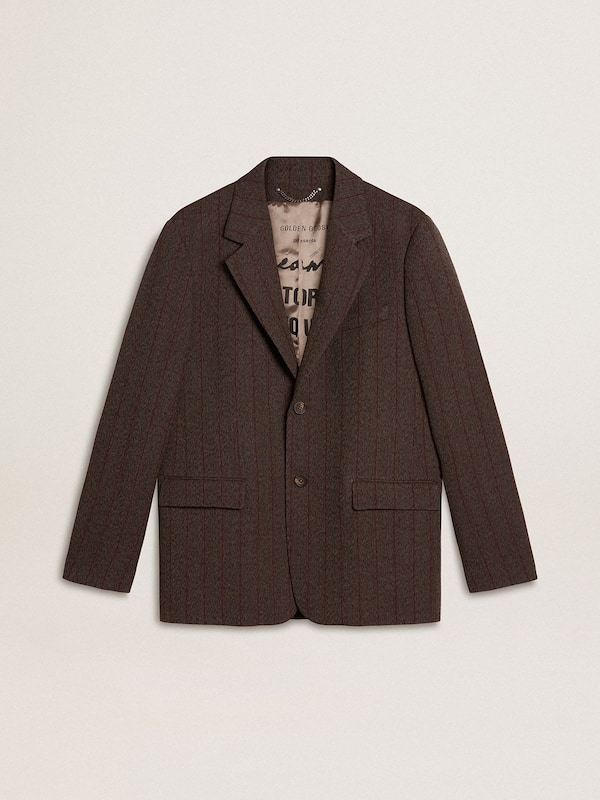 Golden Goose - Men's single-breasted blazer in dark brown wool with thin stripe pattern in 