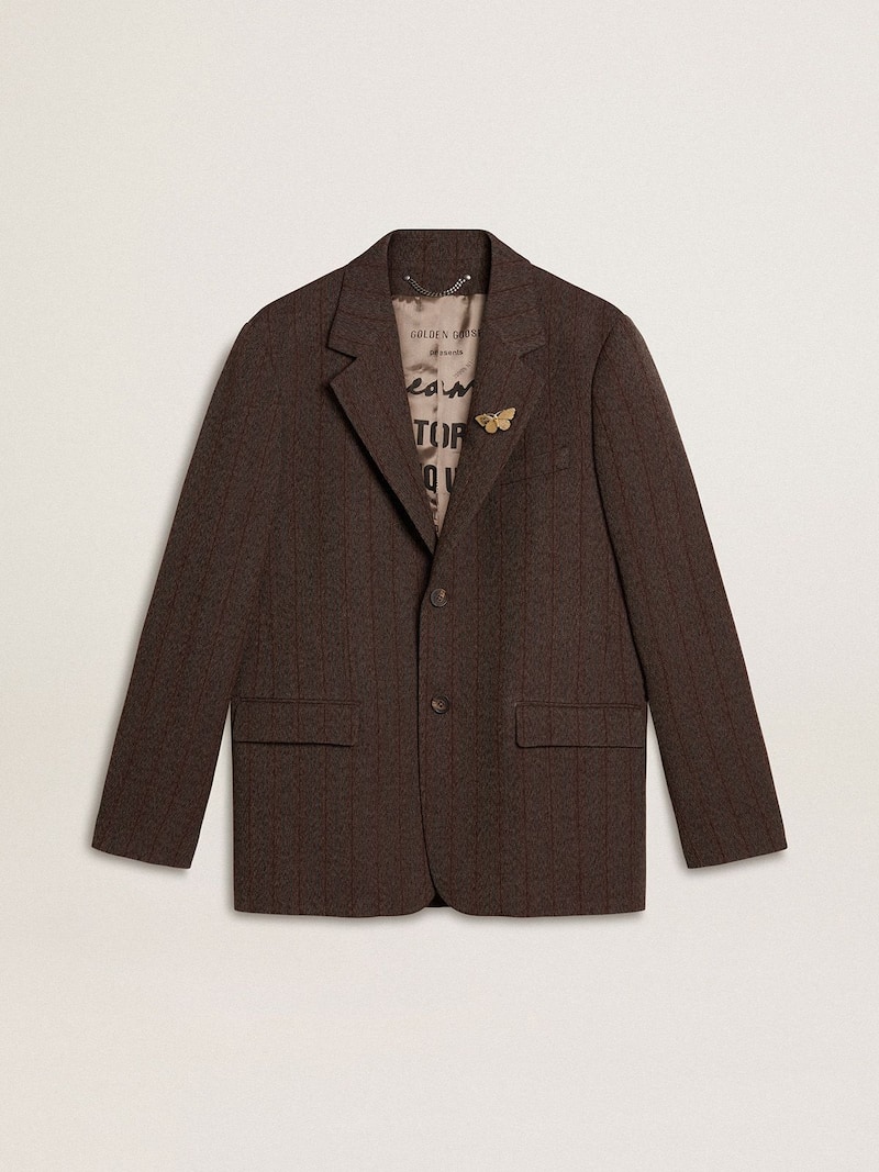 Men's single-breasted blazer in dark brown wool with thin stripe pattern