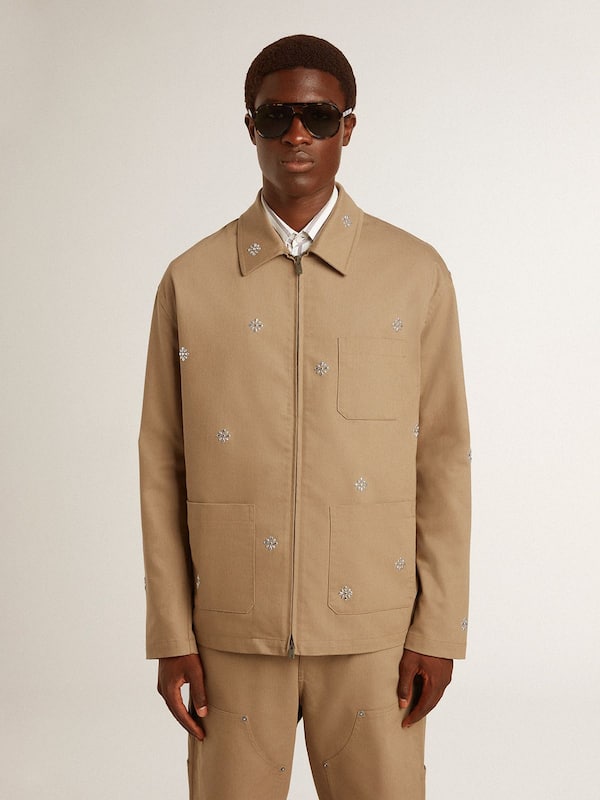 Golden Goose - Men's beige jacket with floral embroidery and full zip in 