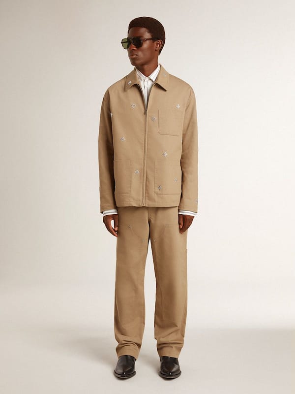 Golden Goose - Men's beige jacket with floral embroidery and full zip in 