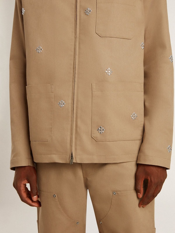 Golden Goose - Men's beige jacket with floral embroidery and full zip in 