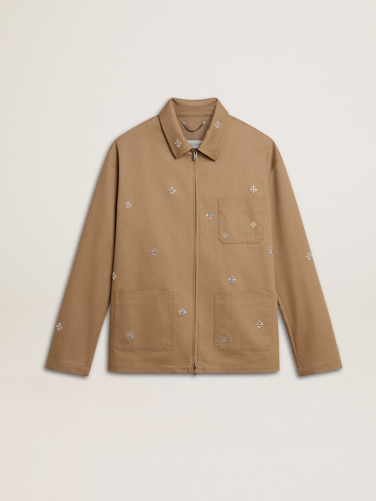 Veste beige pour homme avec broderies florales et fermeture à glissière intégrale — Golden Goose