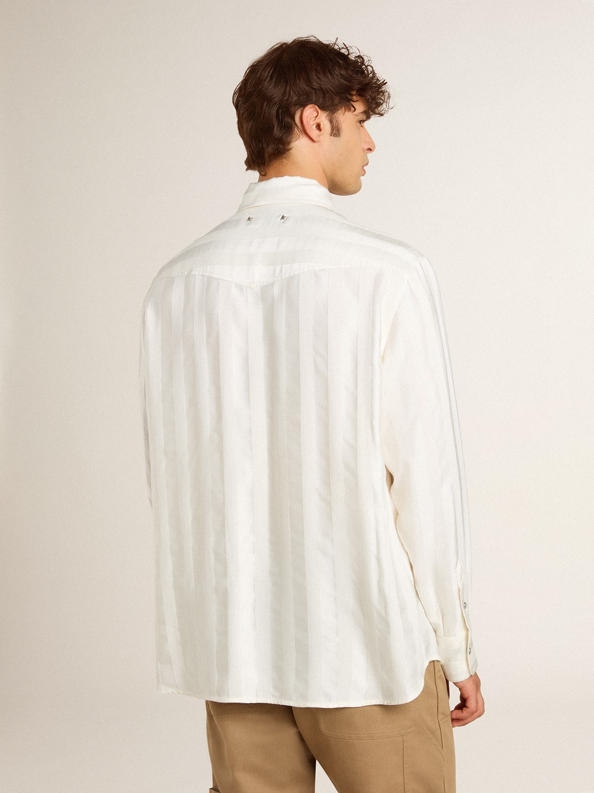 Golden Goose - Men’s oversized worn-white shirt with vertical stripes in 