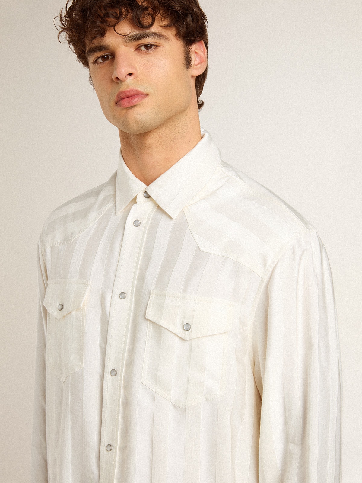 Golden Goose - Men’s oversized worn-white shirt with vertical stripes in 