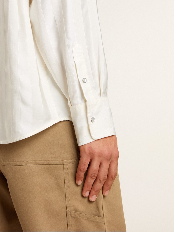 Golden Goose - Men’s oversized worn-white shirt with vertical stripes in 