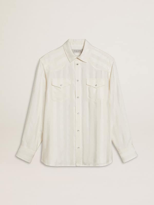 Golden Goose - Men’s oversized worn-white shirt with vertical stripes in 