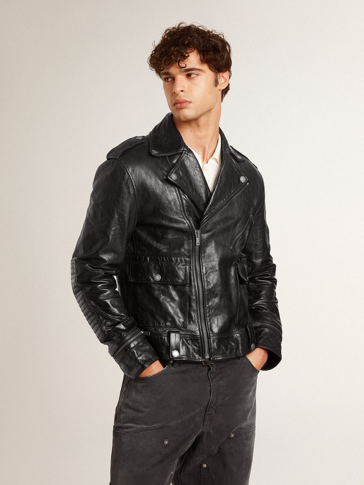 Golden Goose - Men's black leather biker jacket with glossy effect in 