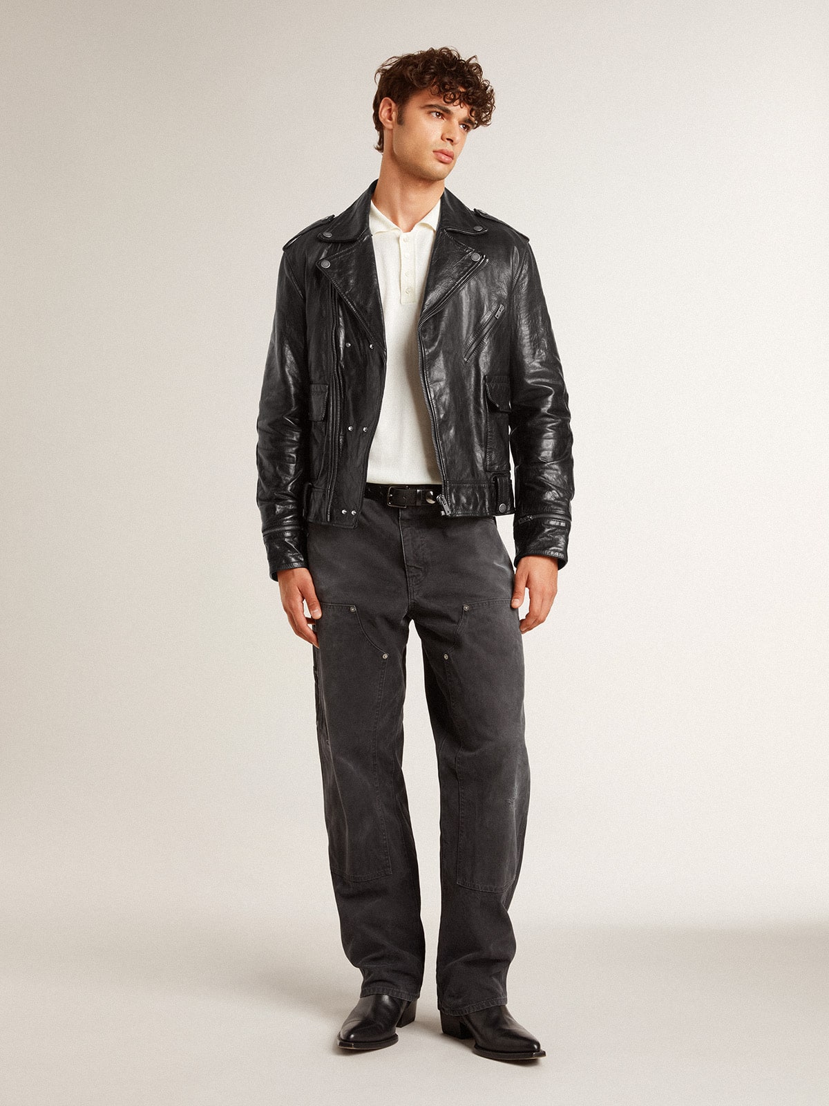 Golden Goose - Men’s black leather biker jacket with glossy effect in 