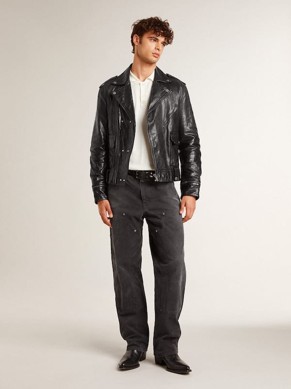 Golden Goose - Men’s black leather biker jacket with glossy effect in 