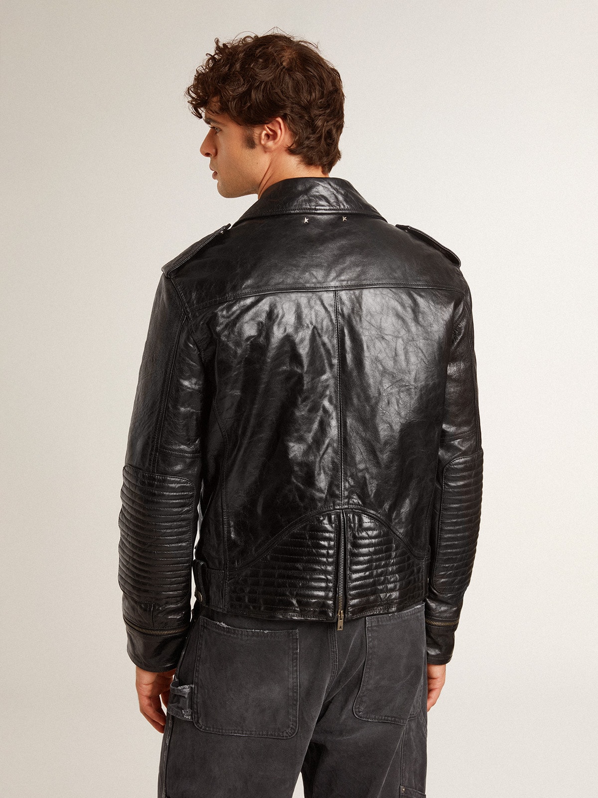 Golden Goose - Men’s black leather biker jacket with glossy effect in 