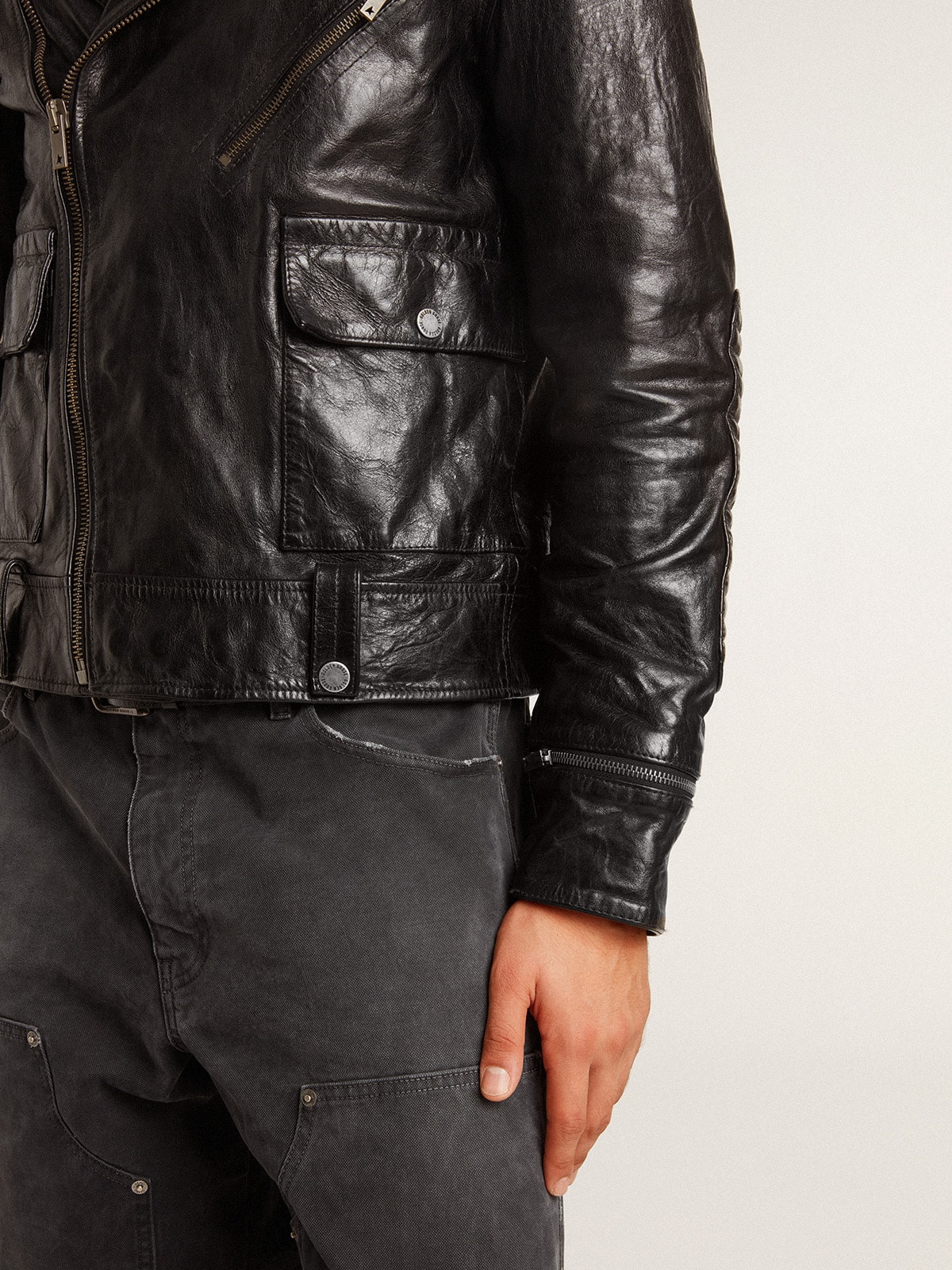 Golden Goose - Men's black leather biker jacket with glossy effect in 