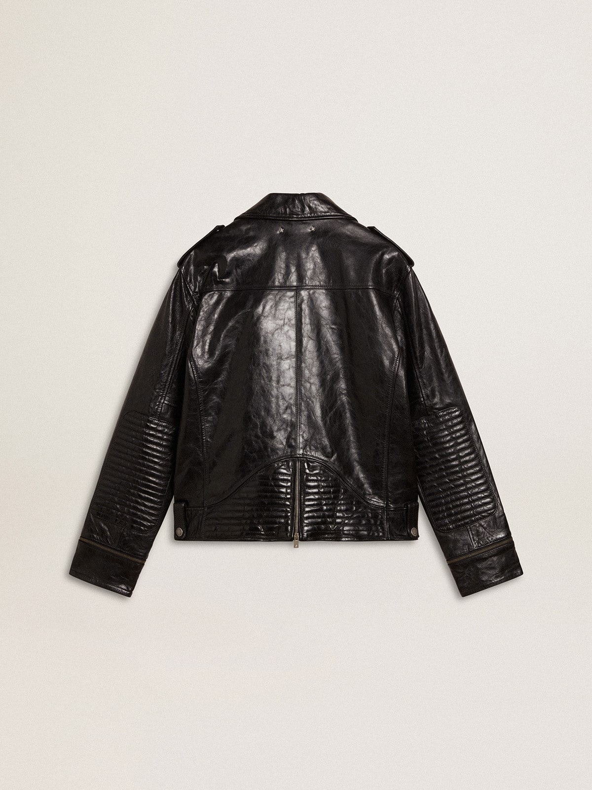 Men s black leather biker jacket with glossy effect Golden Goose