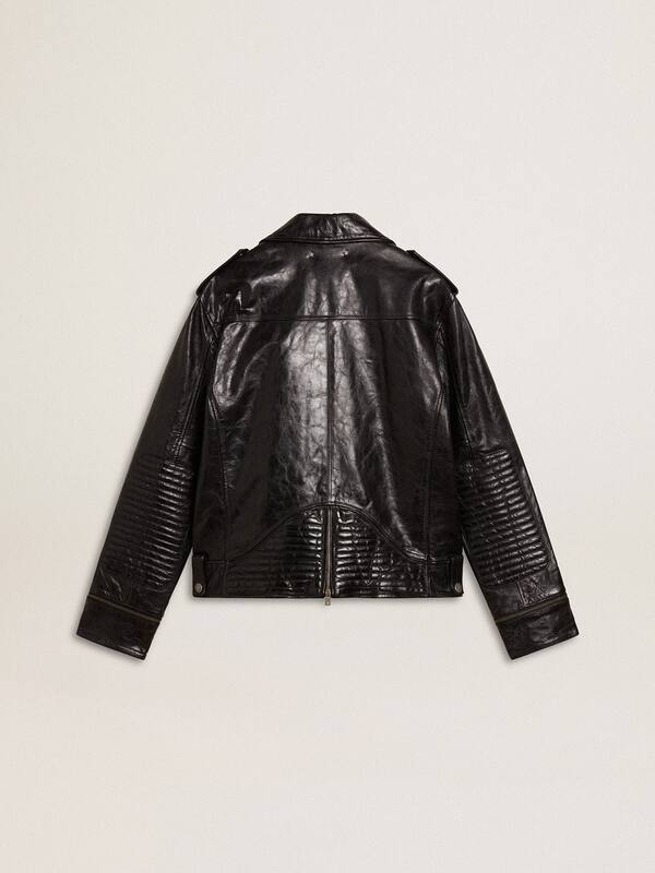 Golden Goose - Men’s black leather biker jacket with glossy effect in 
