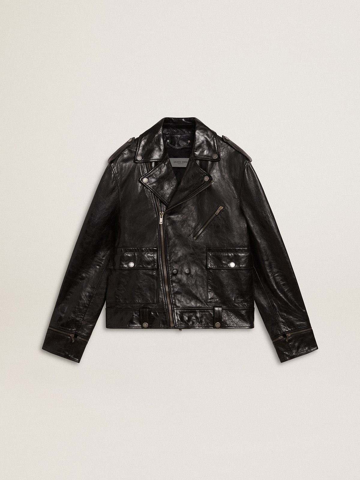 Golden Goose - Men’s black leather biker jacket with glossy effect in 