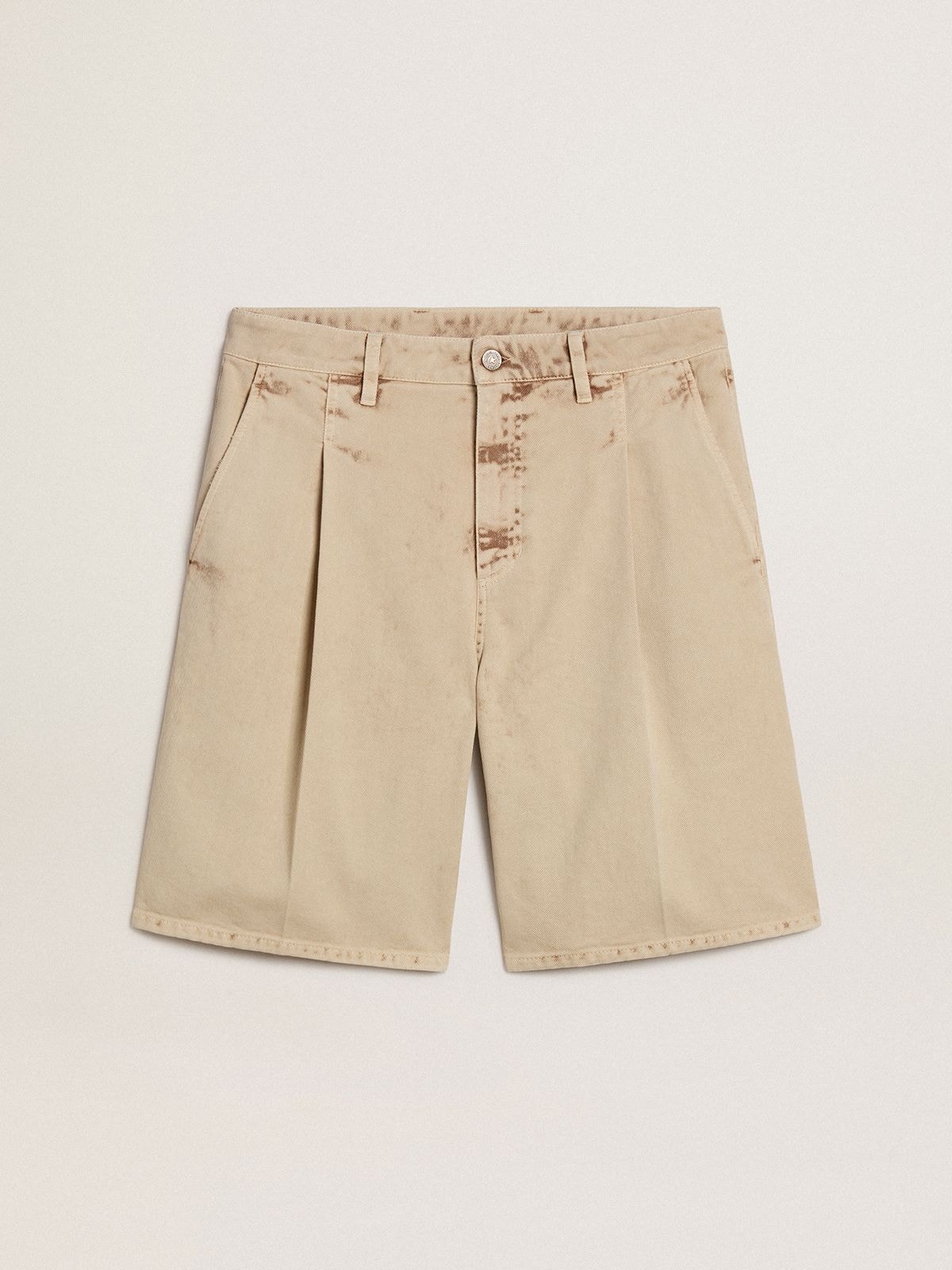 Golden Goose - Bermuda da Uomo in denim color beige con finitura effetto lived-in in 