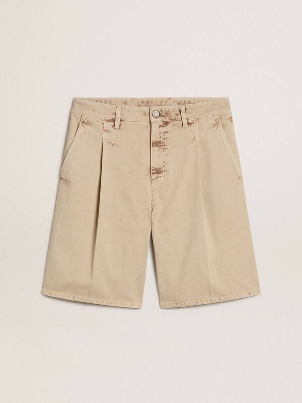Golden Goose - Men's Bermuda shorts in beige denim with a lived-in look finish in 