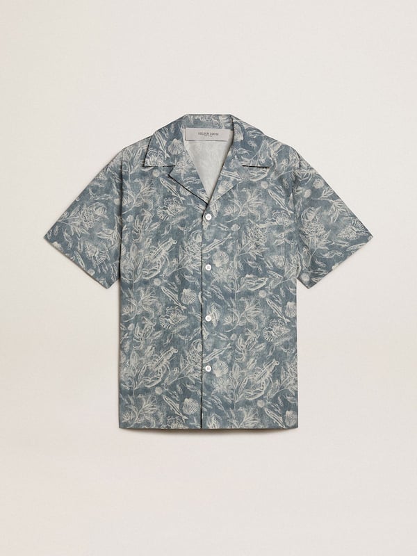 Golden Goose - Men's short-sleeved pajama-style poplin shirt with a blue and white marine print in 