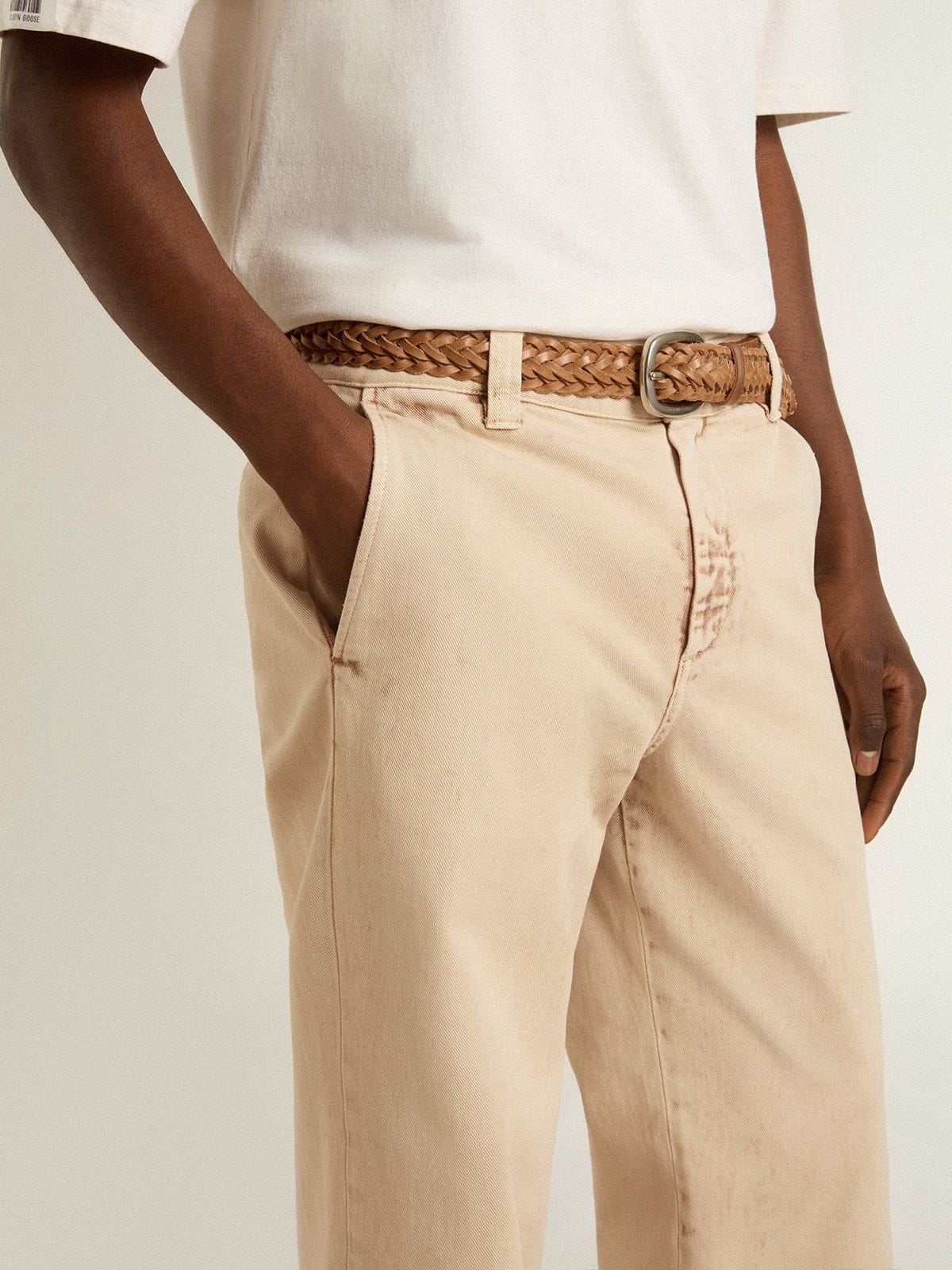 Golden Goose - Men's beige chinos with a lived-in look finish in 