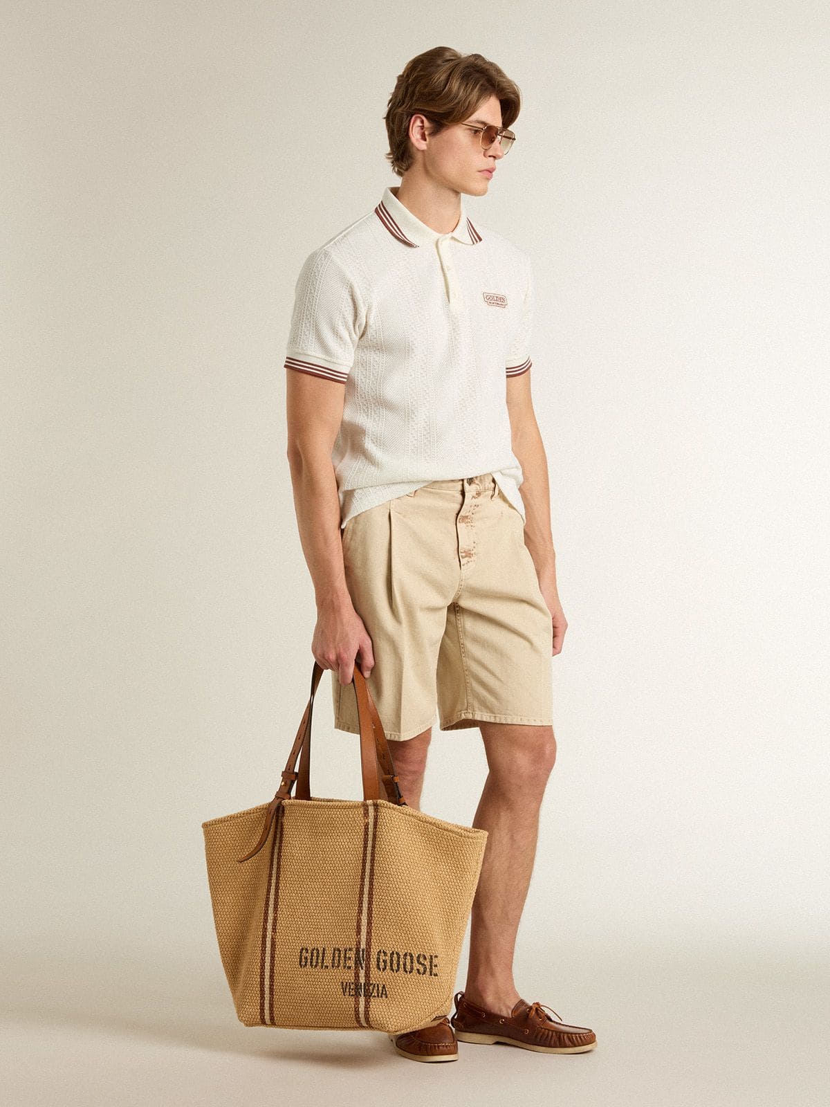 Golden Goose - Men's polo shirt in white perforated knit with burgundy striped details in 