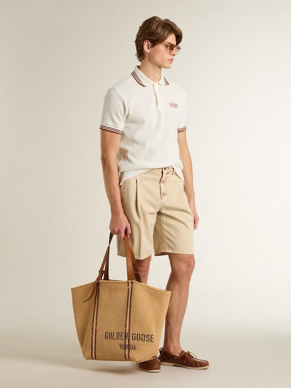 Golden Goose - Men's polo shirt in white perforated knit with burgundy striped details in 