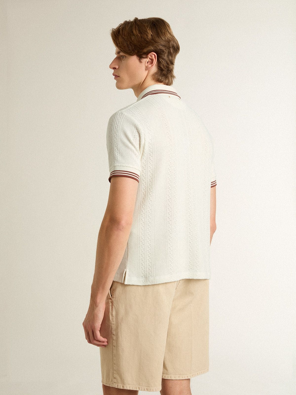 Golden Goose - Men's polo shirt in white perforated knit with burgundy striped details in 