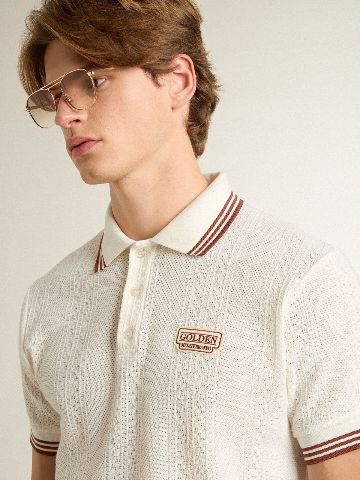 Golden Goose - Men's polo shirt in white perforated knit with burgundy striped details in 