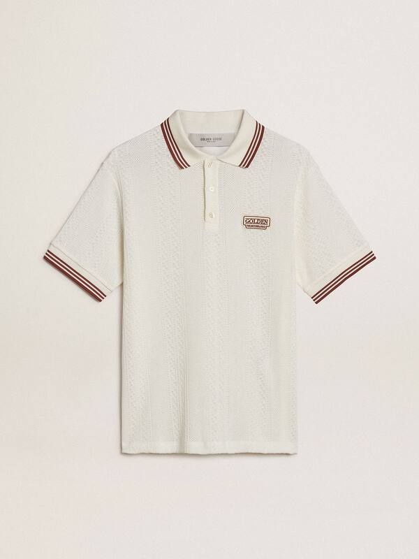 Golden Goose - Men's polo shirt in white perforated knit with burgundy striped details in 