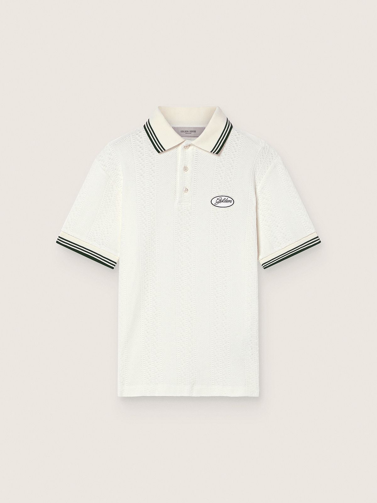 Polo homme en coton blanc avec motif jacquard ajouré — Golden Goose