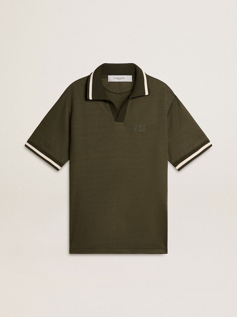 Men's military-green jersey polo with embroidery