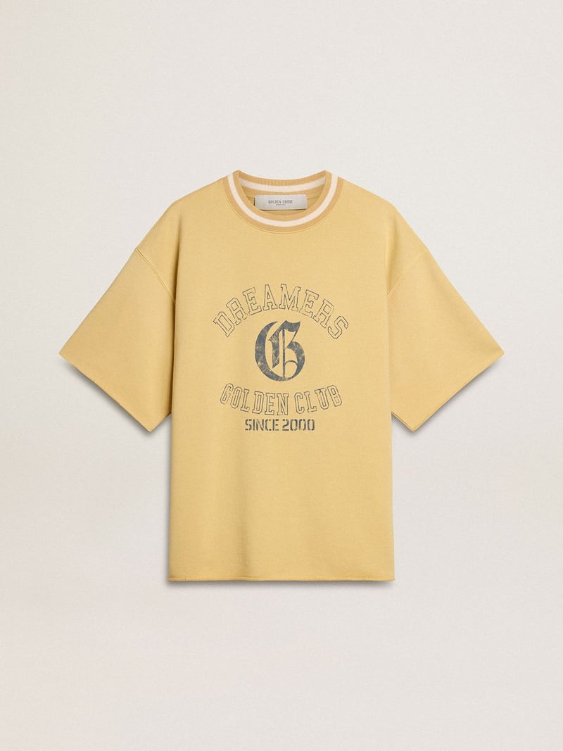 Men's oversized yellow cotton T-shirt with blue print  