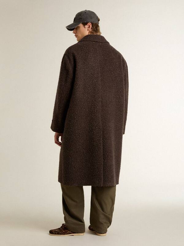 Golden Goose - Men's single-breasted Journey coat in wrinkle wool blend with floral pin in 
