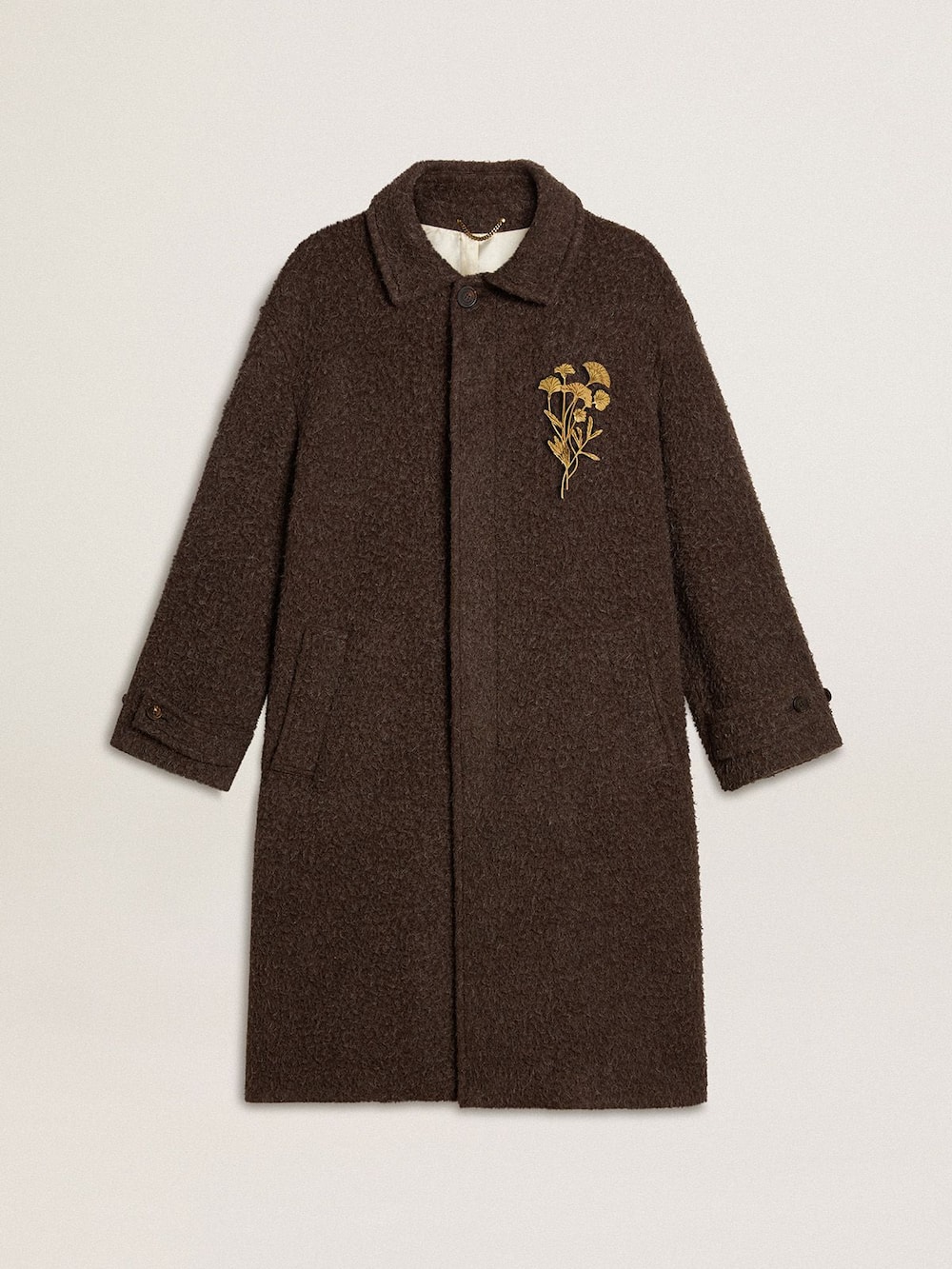 Manteau droit Journey pour homme en laine mélangée effet froissé avec broche florale — Golden Goose