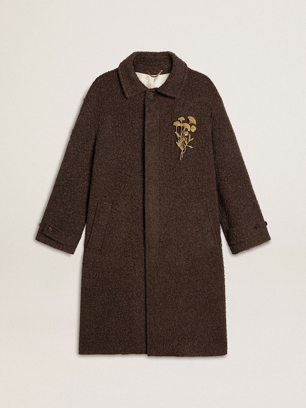 Golden Goose - Men's single-breasted Journey coat in wrinkle wool blend with floral pin in 