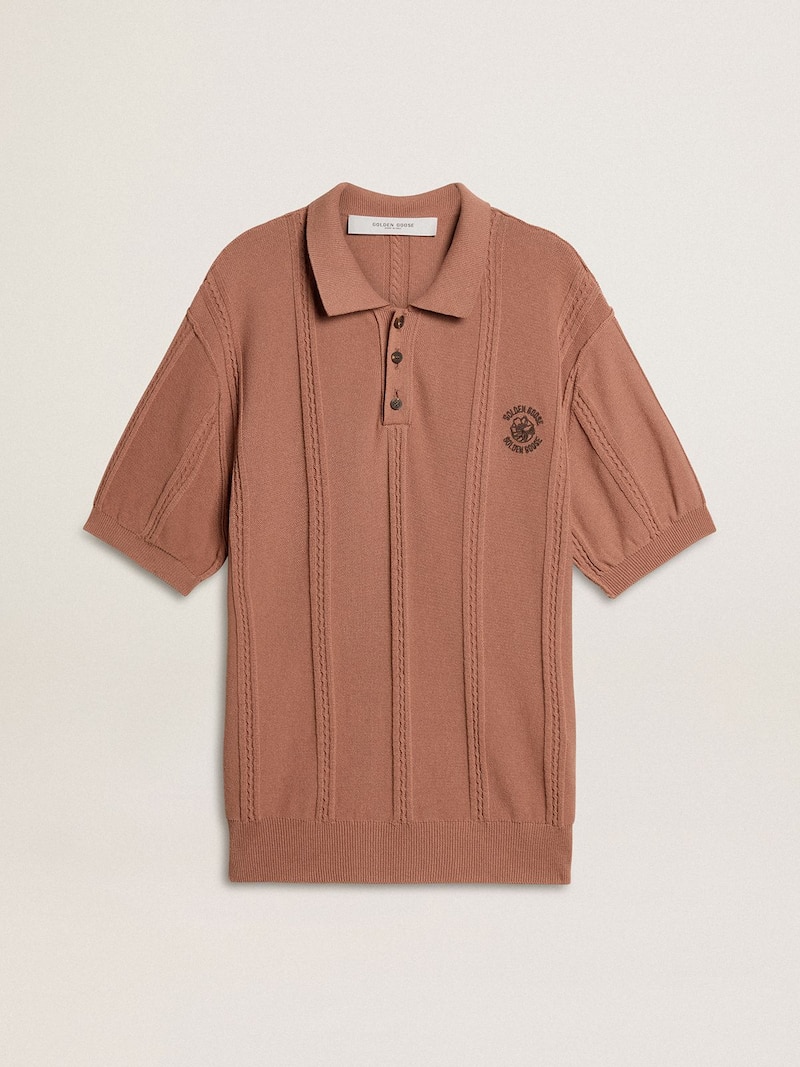 Men's brick-colored polo with embroidered logo.