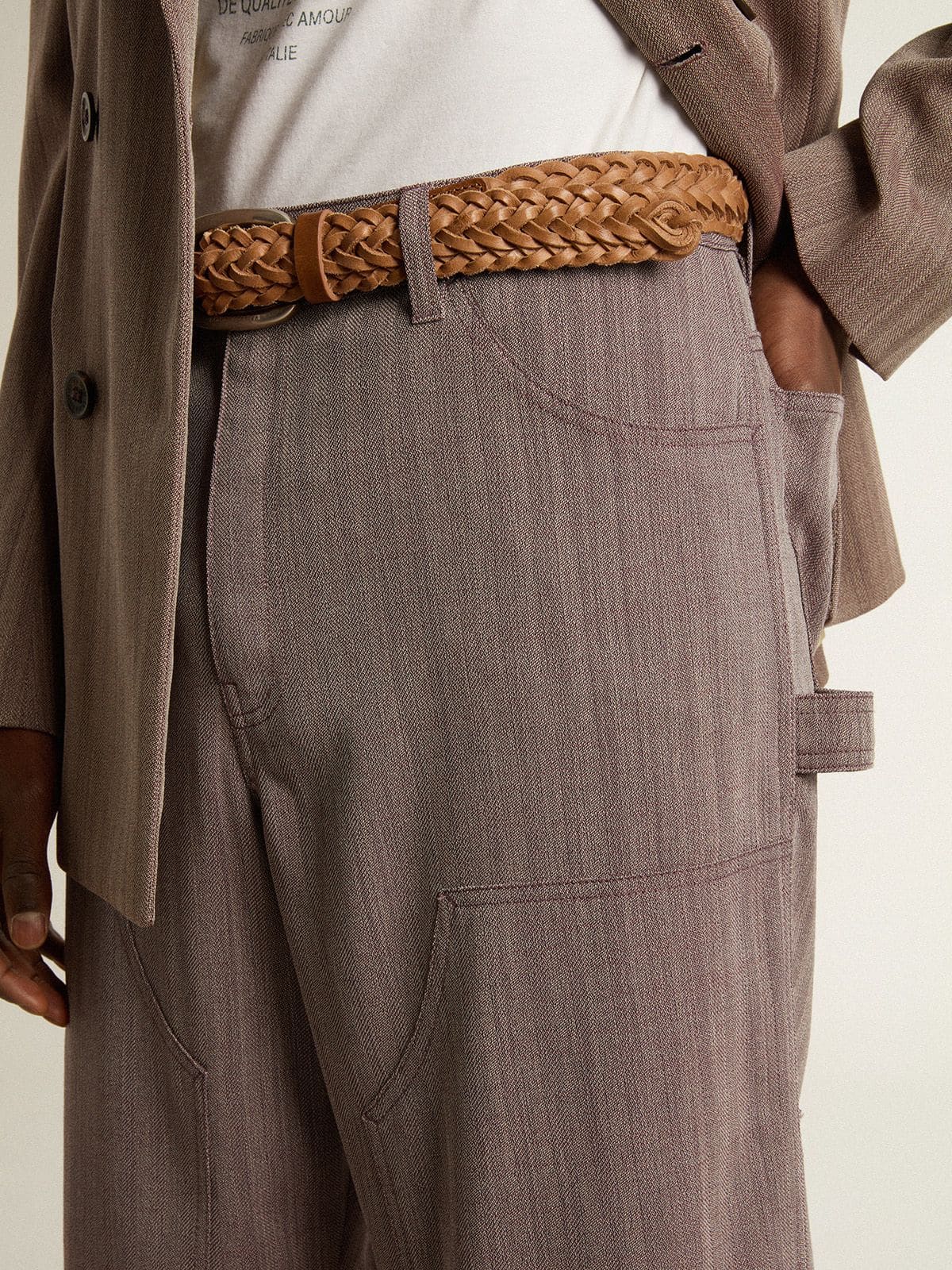 Golden Goose - Pantalone da uomo in misto lana micro chevron marrone chiaro in 