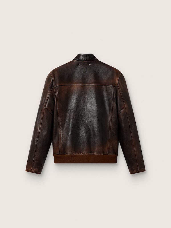 Men's dark brown distressed leather bomber jacket