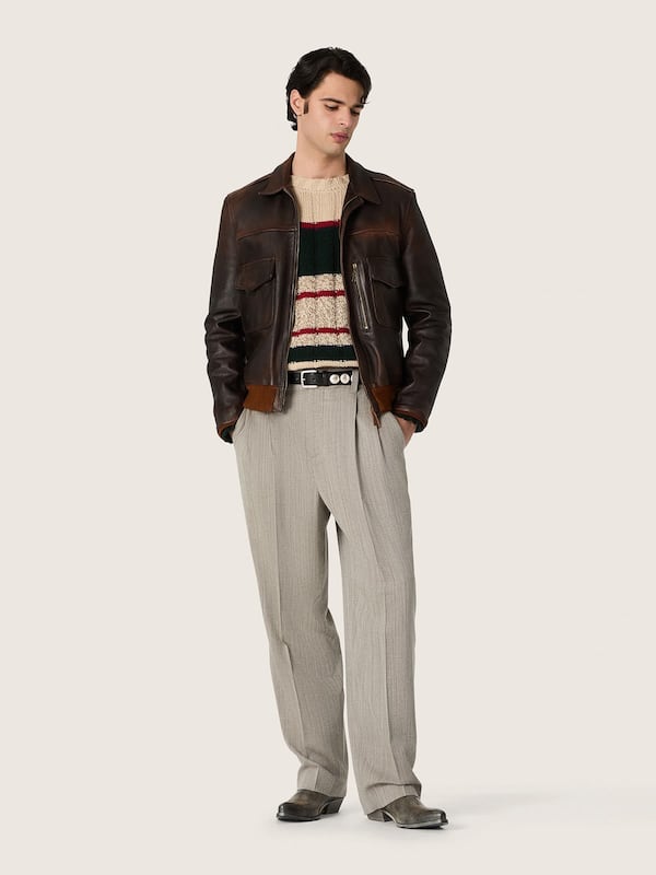 Men's dark brown distressed leather bomber jacket