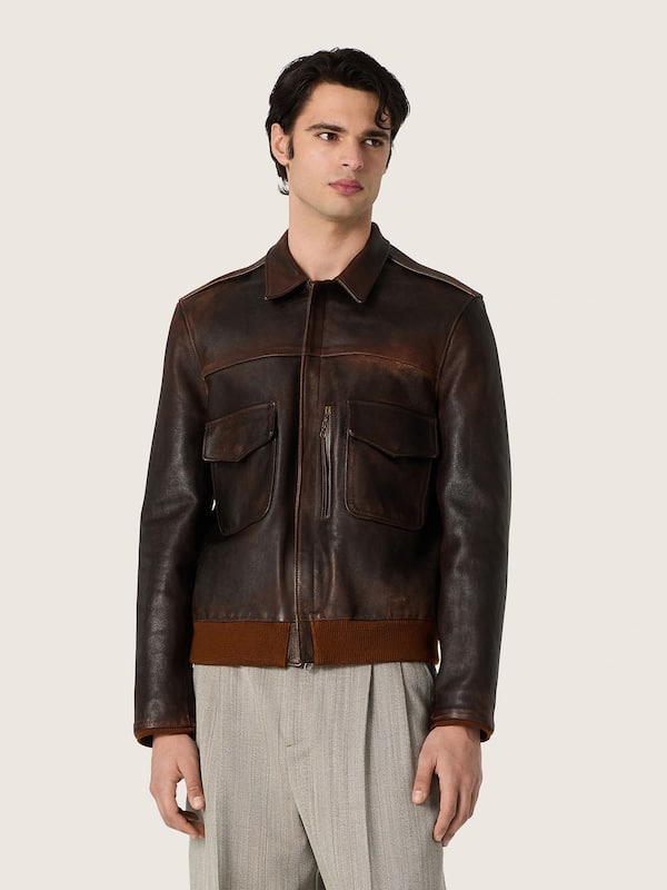 Golden Goose - Men's dark brown distressed leather bomber jacket in 