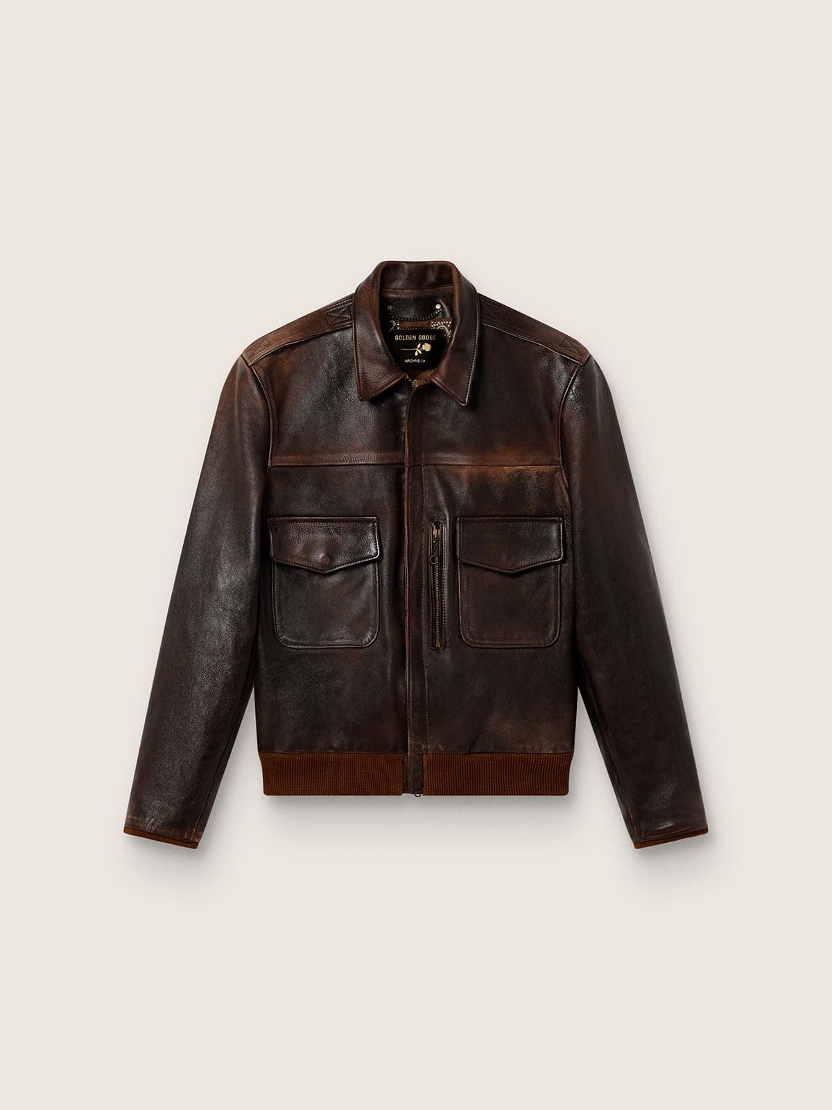 Golden Goose - Herren-Bomberjacke aus dunkelbraunem Leder in Distressed-Optik in 