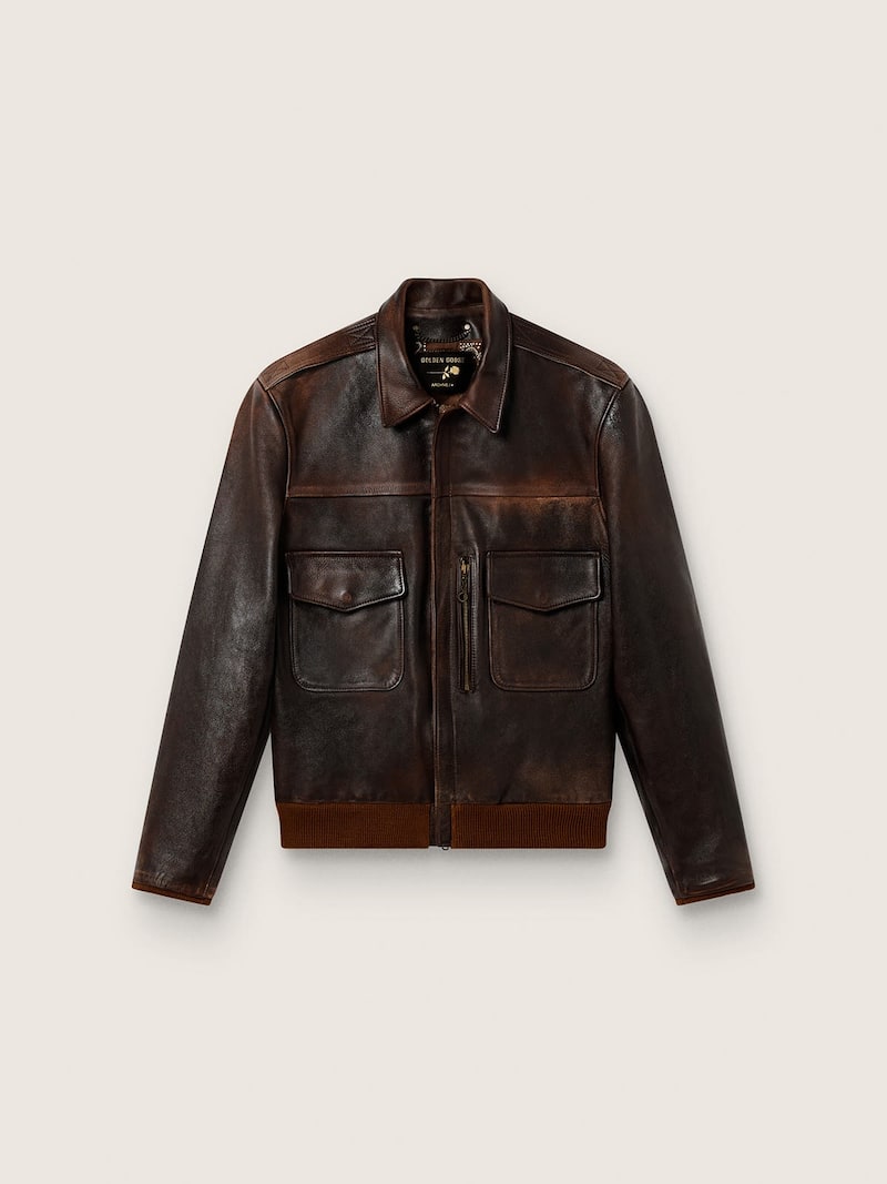Bomber da uomo in pelle marrone scuro con effetto distressed